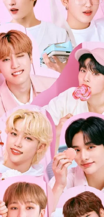 K-pop inspired pink aesthetic wallpaper featuring charming smiles.