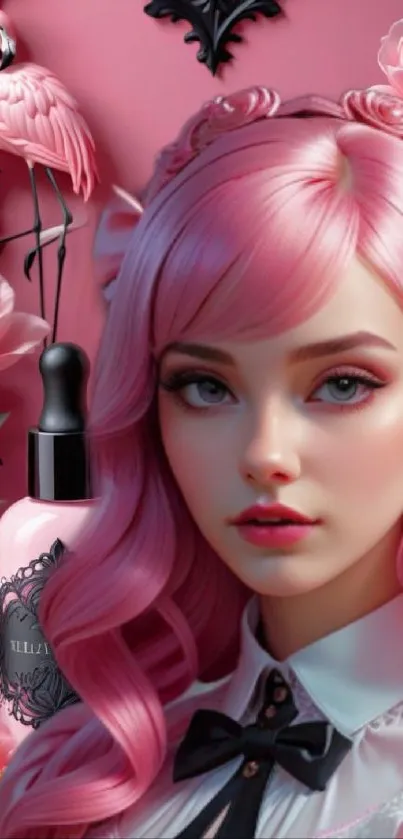 Charming pink wallpaper featuring a girl with pink hair and floral background.