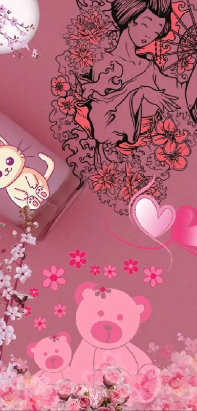 Pink aesthetic wallpaper with cute illustrations and floral design elements.
