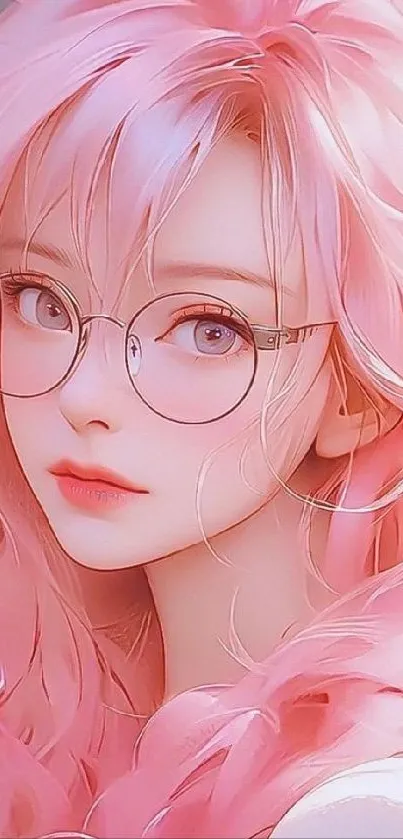 Anime girl portrait with pink hair and glasses.