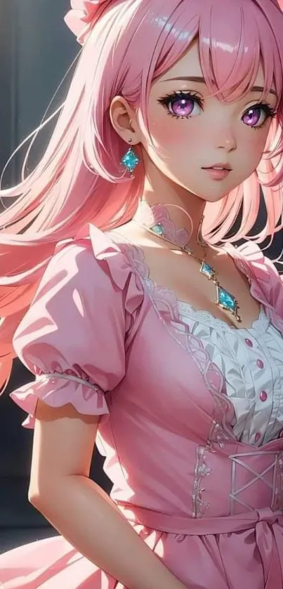 Anime girl with pink hair and dress in elegant style.