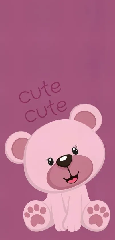 Adorable pink cartoon bear on a lavender background, perfect for mobile wallpaper.