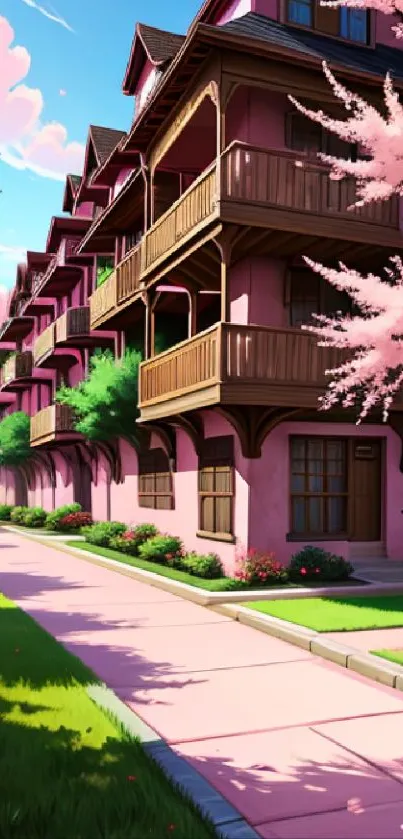 Charming avenue lined with pink blooming trees and quaint architecture.