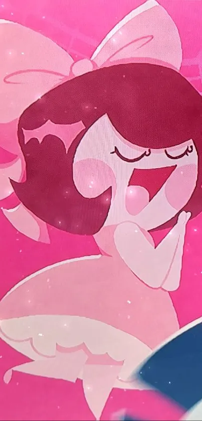 Cartoon character sings joyfully in a pink theme, radiating happiness and music.