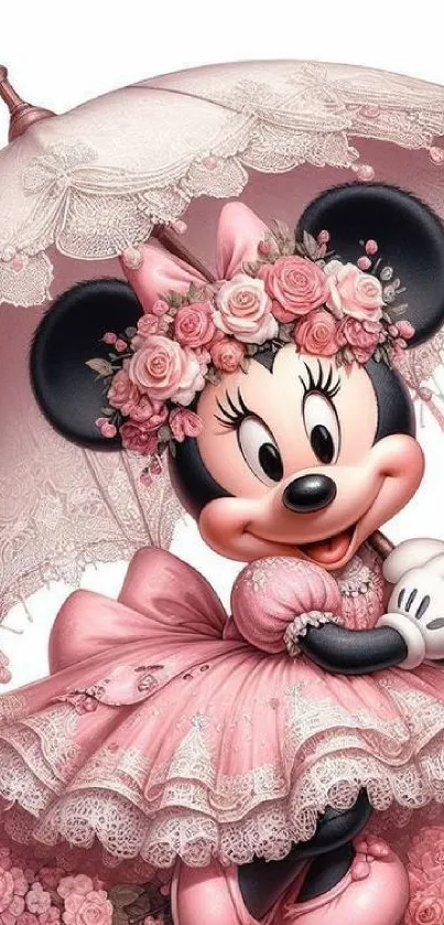 Cute cartoon character with pink umbrella and floral dress.