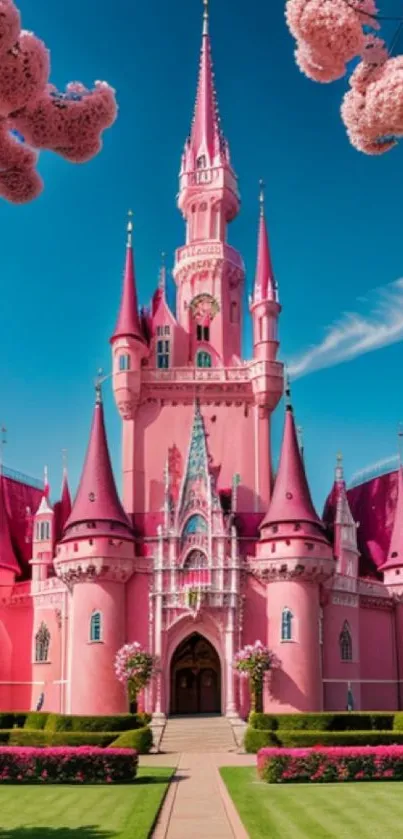 Stunning pink castle under blue sky, surrounded by blossoms.