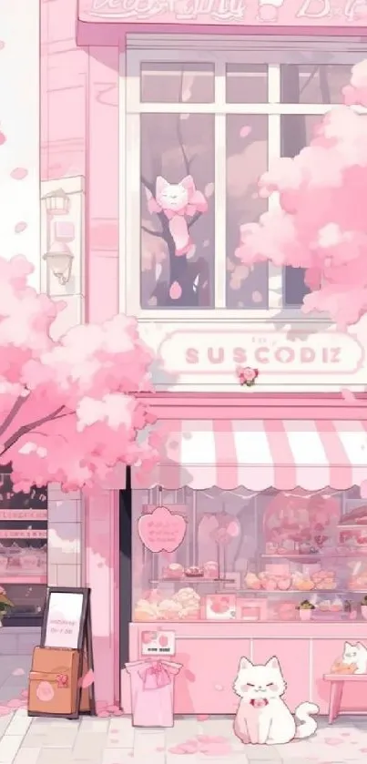 Pink café with cherry blossoms and cute cat.