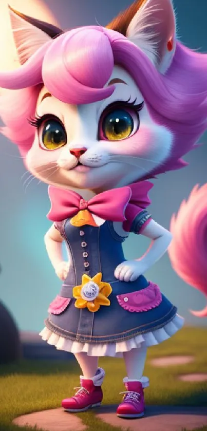 Charming pink cat in stylish outfit, colorful and whimsical scene.