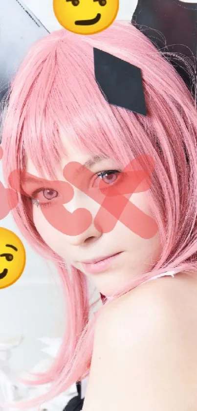 Pink-haired cosplay character with playful expression.