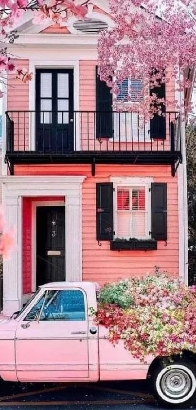 Vintage pink truck with flowers by a charming pink cottage.