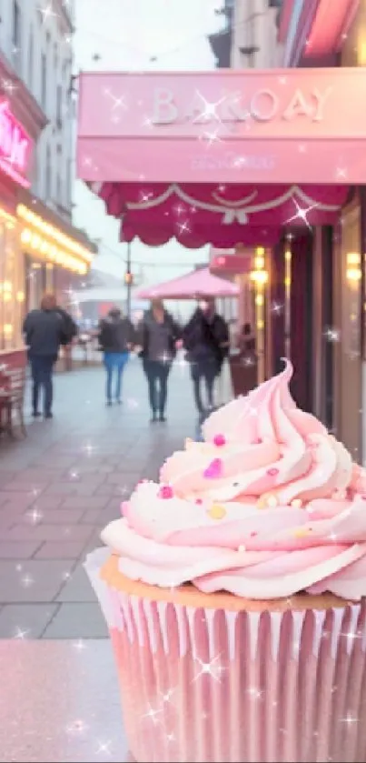 A charming pink frosted cupcake with sparkling decor on a cozy street.