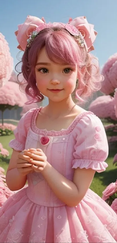 Girl in a pink dress in a fantasy garden
