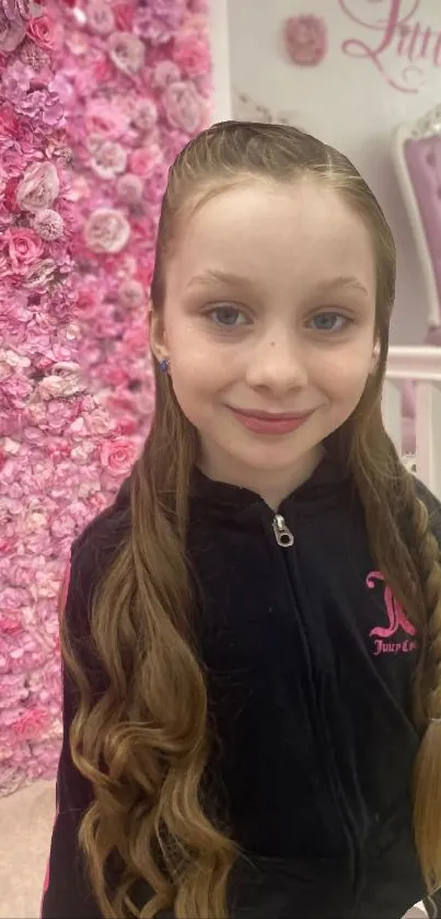 A young girl in front of a pink floral wall.