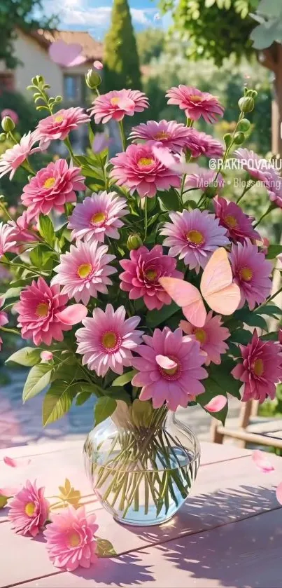 Vibrant pink daisy bouquet in a glass vase with a butterfly on a sunny day.