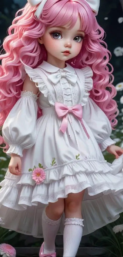 Charming pink-haired girl in a white dress with a floral garden backdrop.