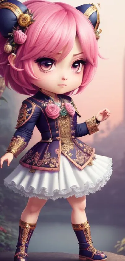 Chibi anime character with pink hair in a fantasy setting, elegant attire.