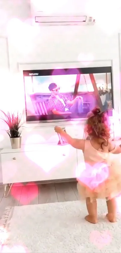 Little girl dancing with pink heart overlays on the wallpaper background.