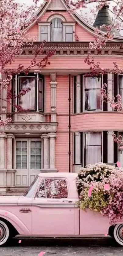 Pink house with vintage truck and blossoms mobile wallpaper.