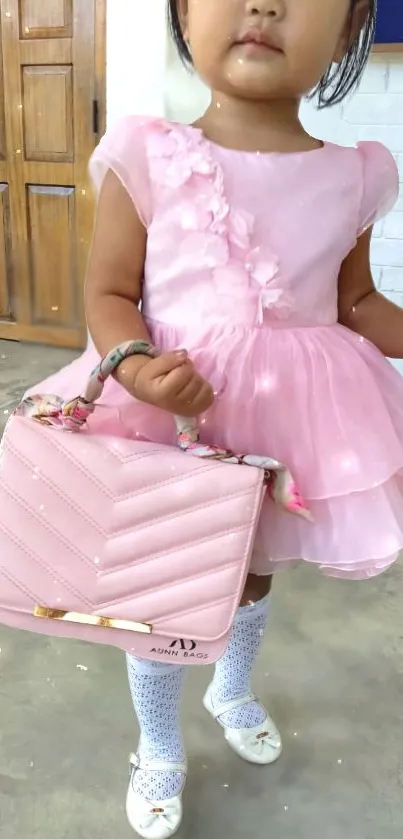 Child in pink dress with matching handbag.