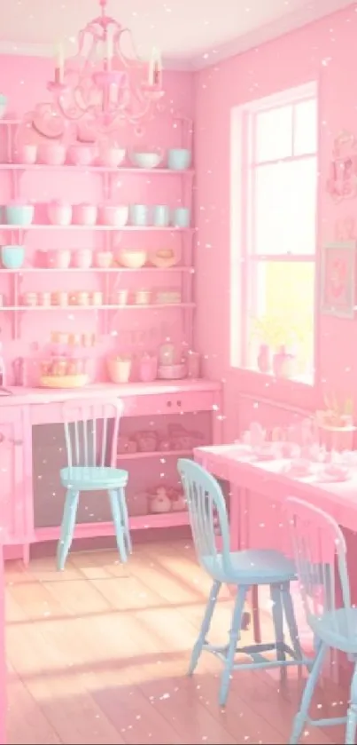 Pastel pink kitchen with elegant decor and soft lighting.