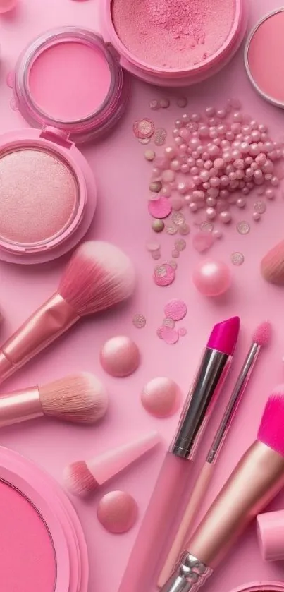 Bright pink makeup accessories flat lay style.