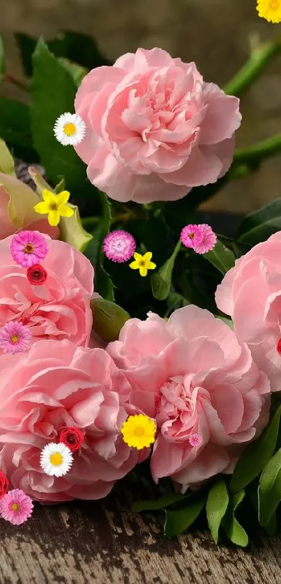 Pink roses on a rustic wooden bench wallpaper.