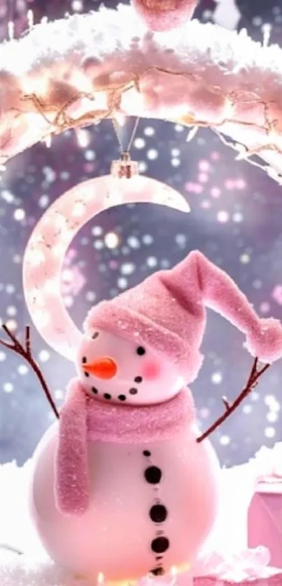 Charming pink snowman under starry sky.