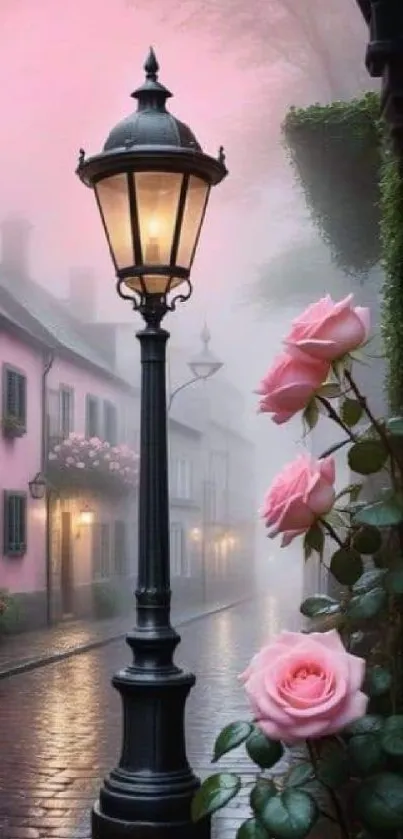 Romantic street with pink roses and vintage lamp.