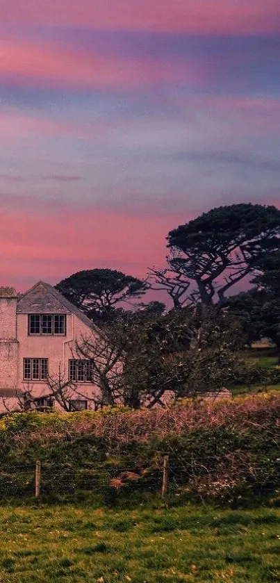 Charming cottage under a pink sunset sky with lush greenery.