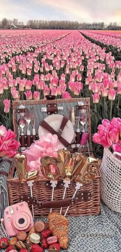 Pink tulip field with picnic setup in serene landscape.