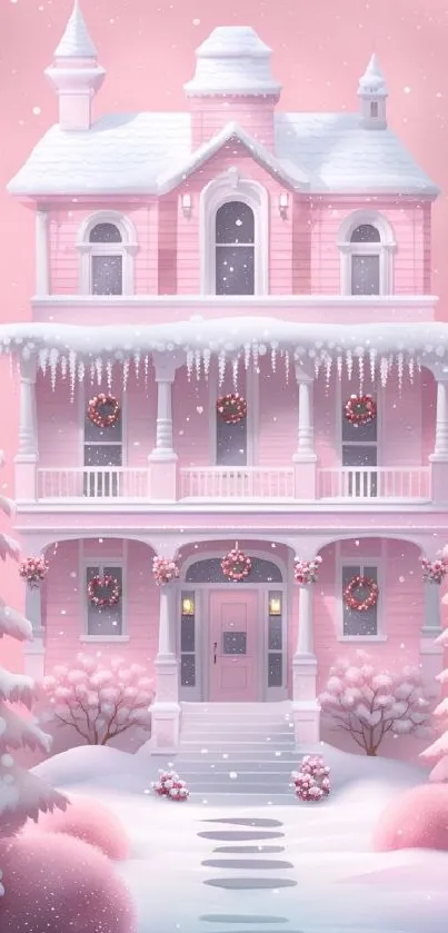 Charming pink house covered in snow with festive wreaths, perfect for mobile wallpaper.