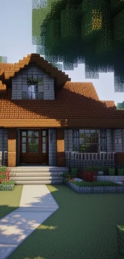 Charming Minecraft house with trees and path in front.