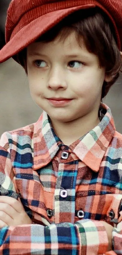 Boy in red cap and plaid shirt, smiling gently.