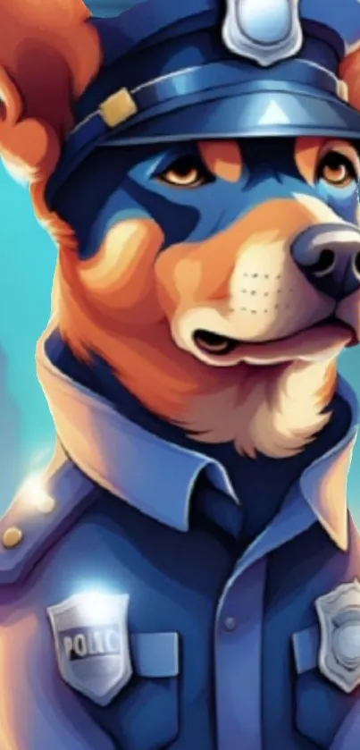 Cartoon police dog in uniform against vibrant blue backdrop.