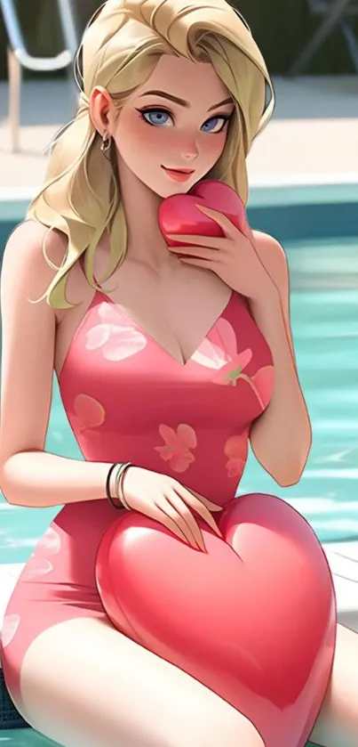 Anime girl in a swimsuit by the pool holding heart shapes.