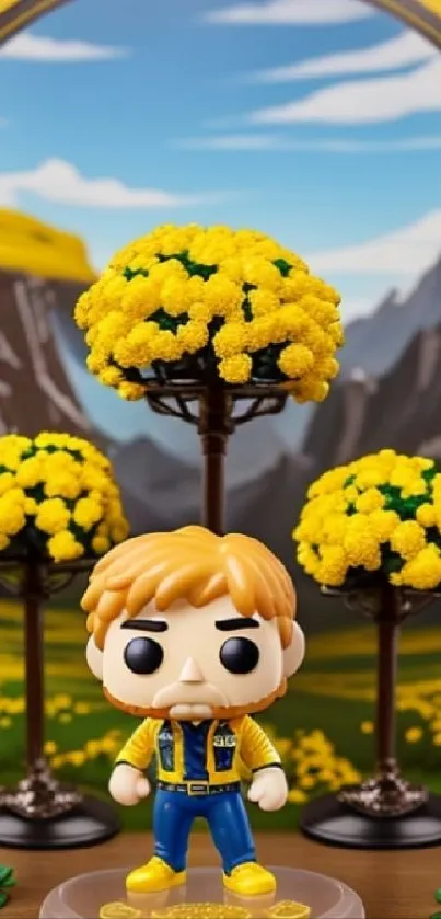 Playful pop toy with yellow trees and mountains in the background.