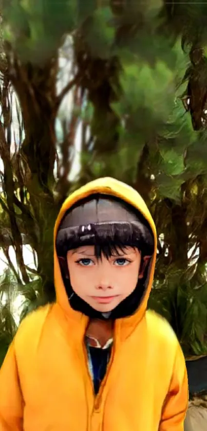 Child in yellow hoodie with leafy backdrop.