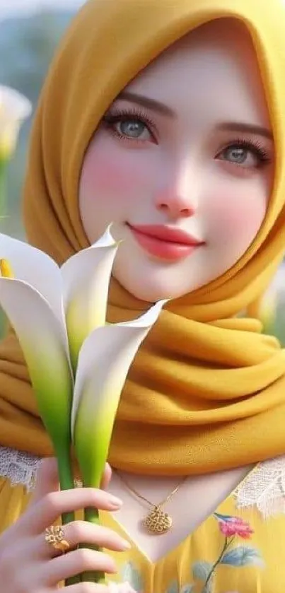 Charming portrait with golden scarf and flowers.