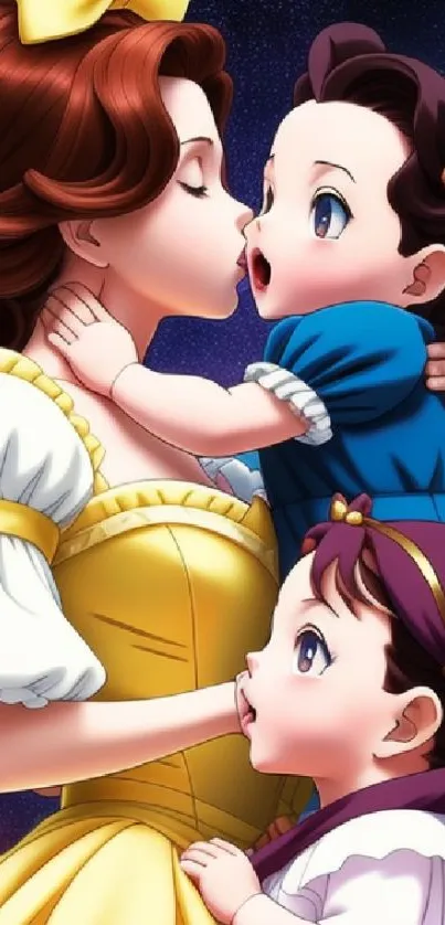 Digital artwork of a princess with two children against a vivid backdrop.