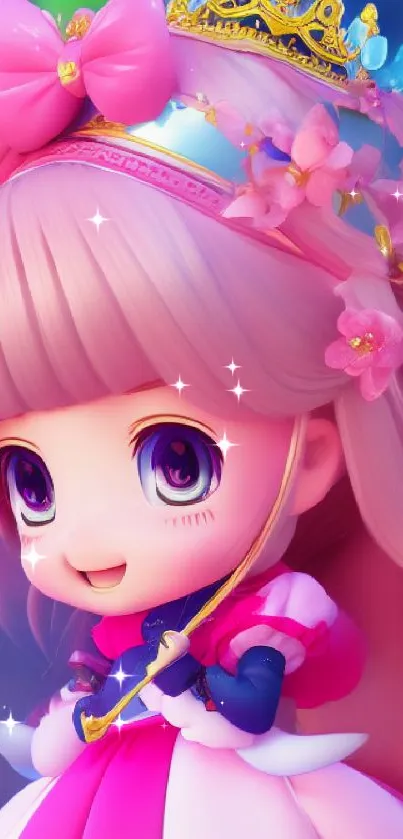 Anime princess with a pink dress and crown in vibrant colors.