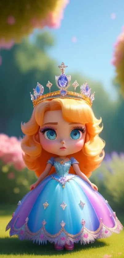 Charming princess in vibrant garden, wearing elegant dress and tiara.