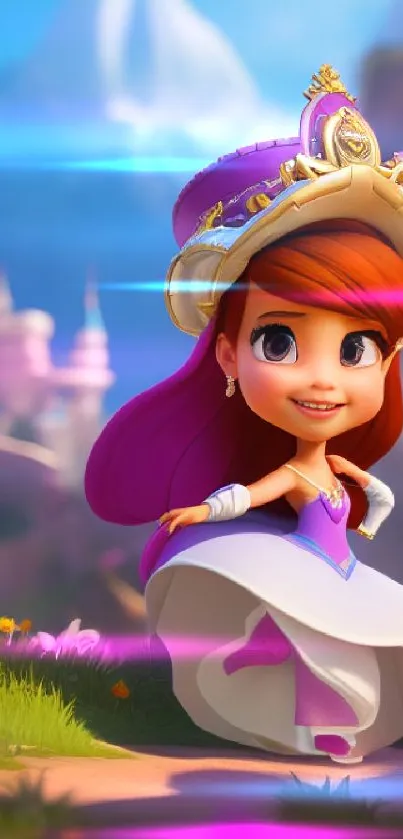 Animated princess in a fairytale landscape with mountains and castle.