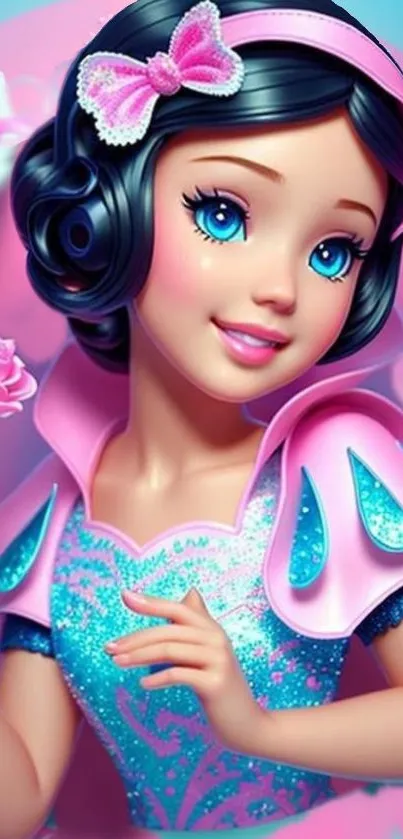 Animated princess with pink and blue dress, holding a rose.