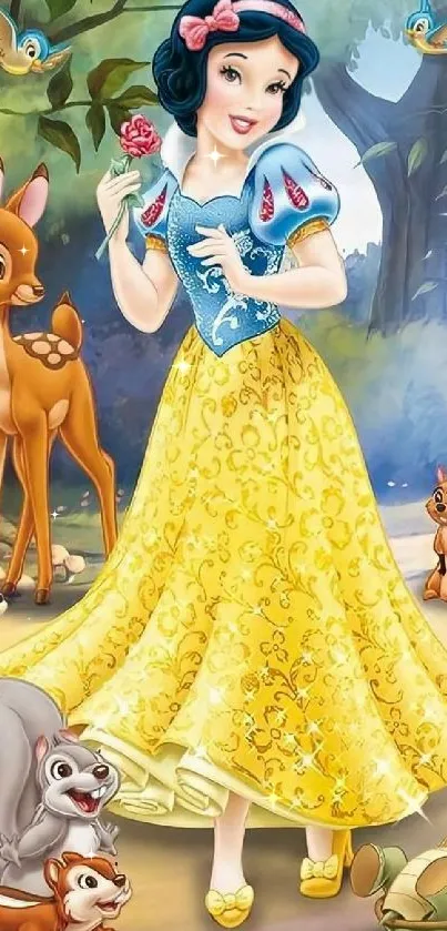 A joyful princess with forest animals, holding a rose, in a vibrant yellow dress.