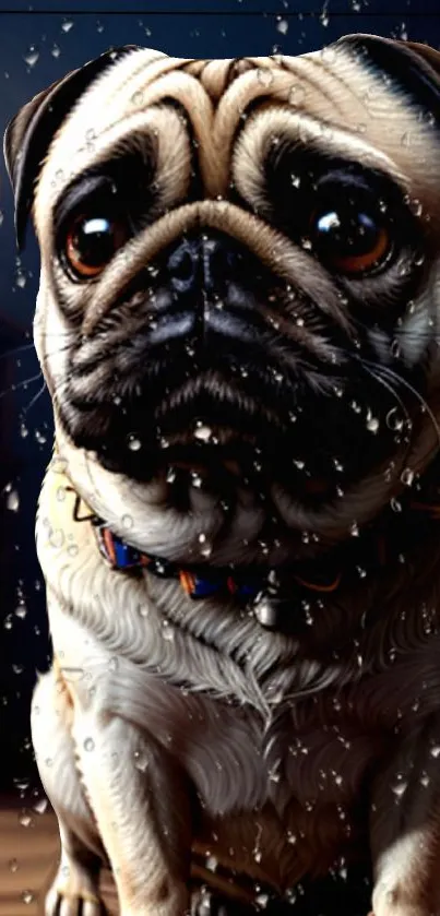 Charming pug in rain with detailed fur and expressive eyes.