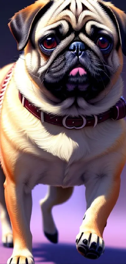 Charming pug walking on a purple surface.