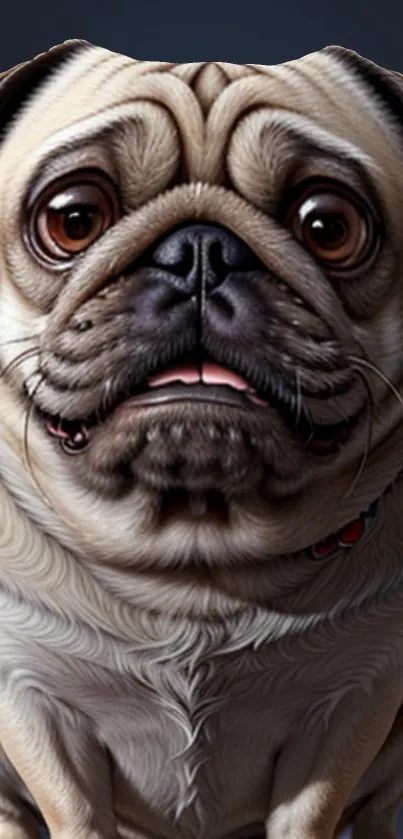 Adorable pug with lifelike expression on mobile wallpaper.