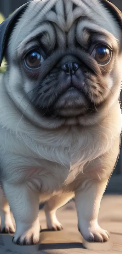 Adorable pug puppy with light grey fur gazes curiously in the sunlight.