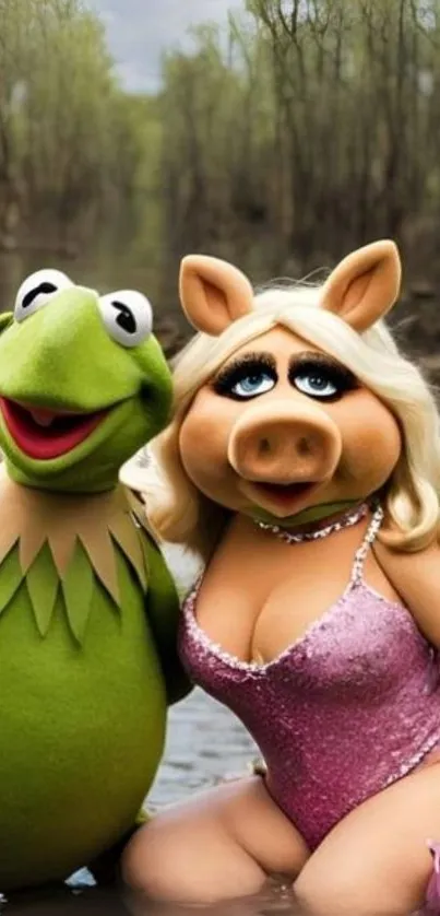 Whimsical puppet duo in serene wetland.