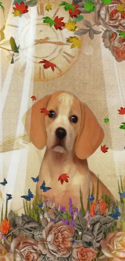 Puppy set amidst flowers and greenery with a clock backdrop.